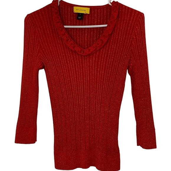 Retro St. John Womens Red Metallic Rib Knit V-Neck Sweater S GUC 7529 3/4 Slv - Picture 2 of 9